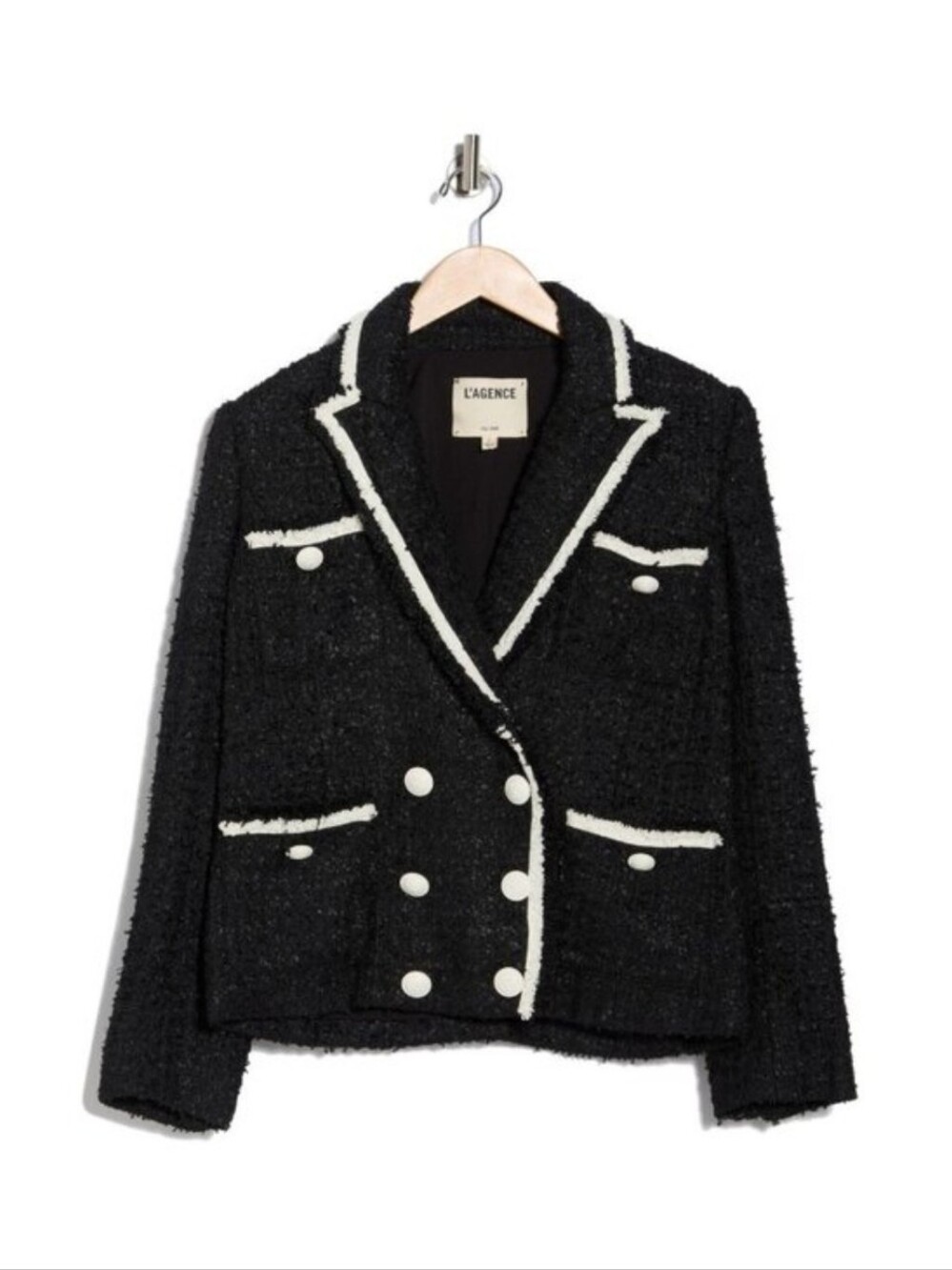 L'AGENCE Alectra Tweed Double-Breasted Black Blazer with White Trim Accents
